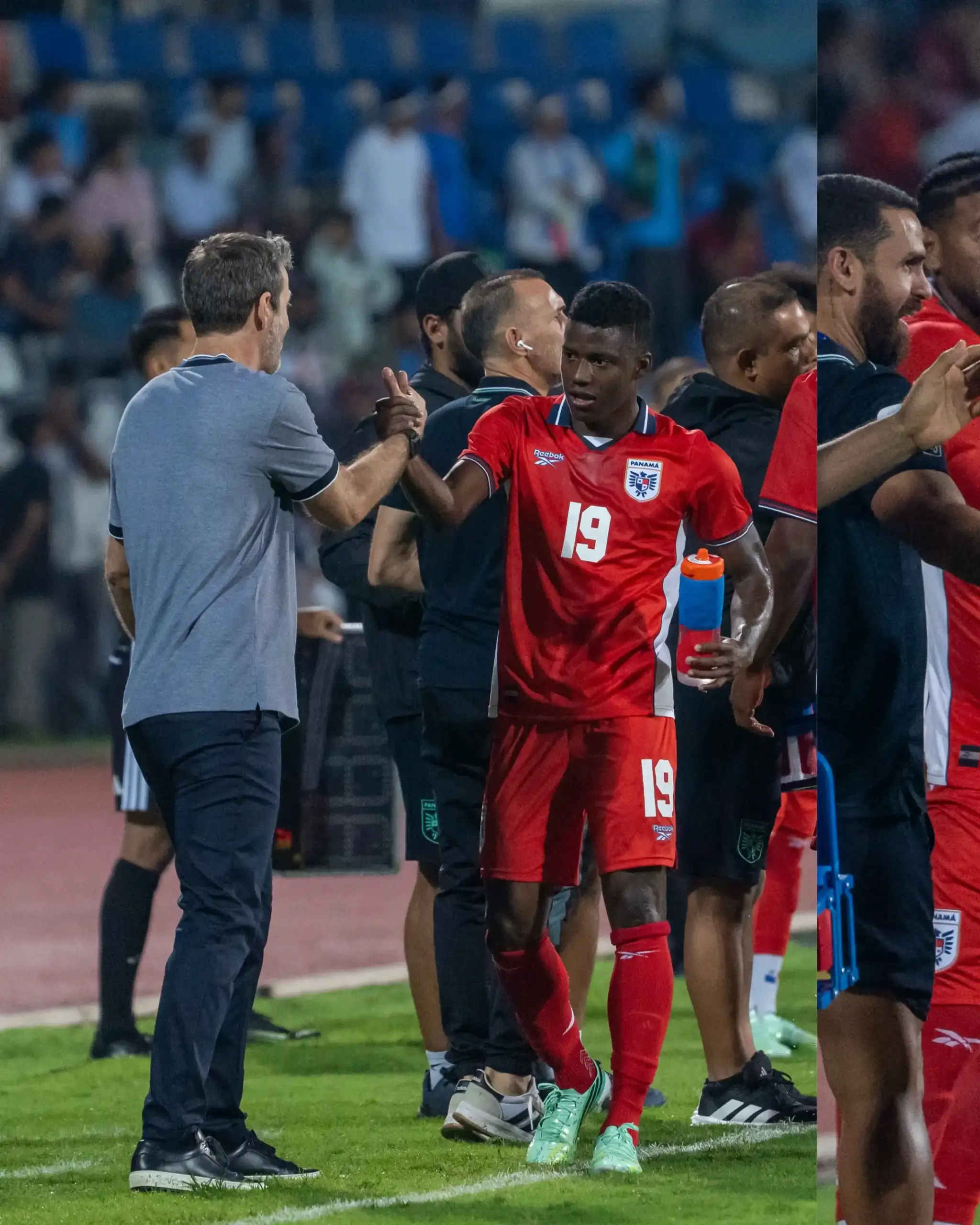 El jugador número 19 de Panamá celebra y saluda al cuerpo técnico tras el amistoso ante India.