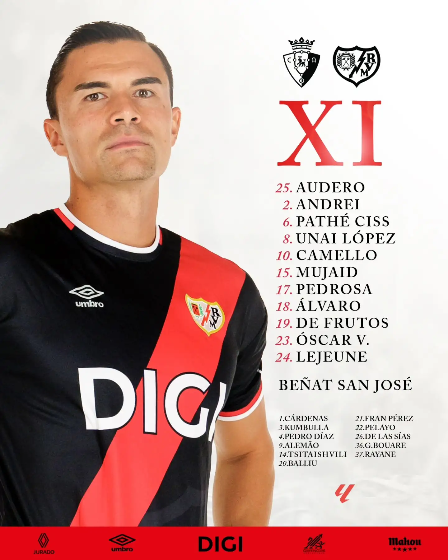 Once titular del Rayo Vallecano ante Osasuna, imagen completa